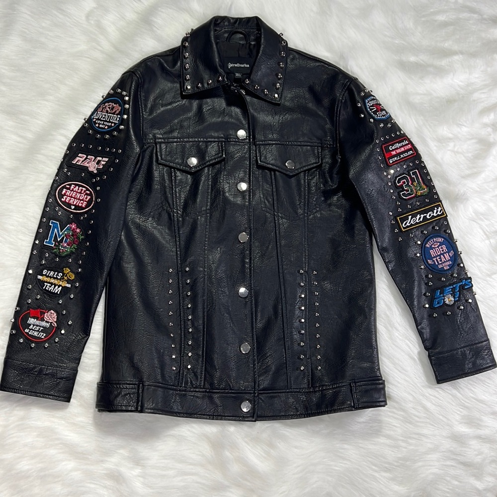 Stradivarius Patches Motorcycle Racing  Faux Leather Jacket Size M